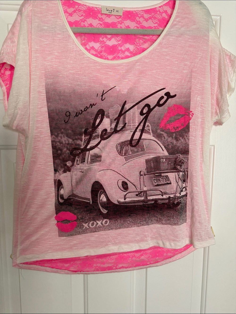 love J Pink & White 'I Won't Let Go' Graphic Tee,Lace Backing,size XL, new,cute!